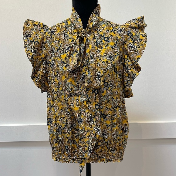 BALENCIAGA Mustard Paisley print blouse Ruffle Sleeves Tie Neck size 36 FR Small - Picture 2 of 9